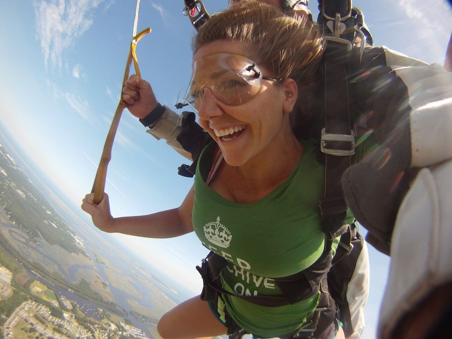 Hot girl skydiving with Keep Calm Chive On shirt