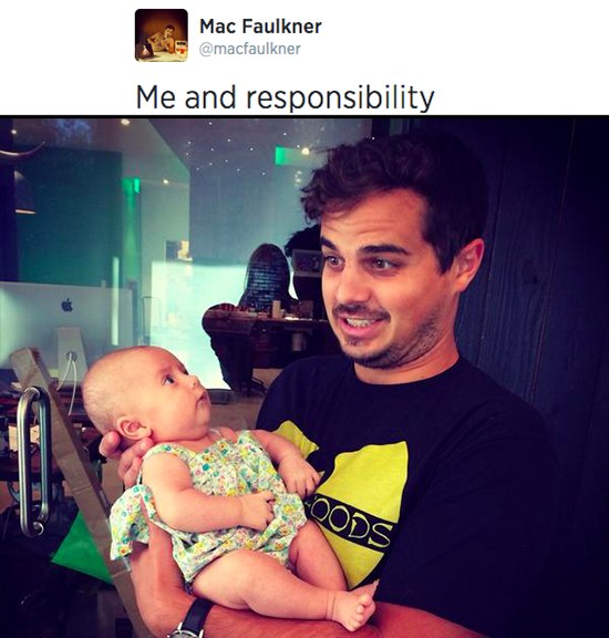 Mac holding baby, "me and responsibility"
