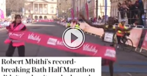 Man cross the line of a race first but trips on the finish line.