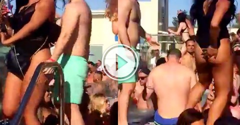 Drunk guy gets close to the girl and pinches her on the ass