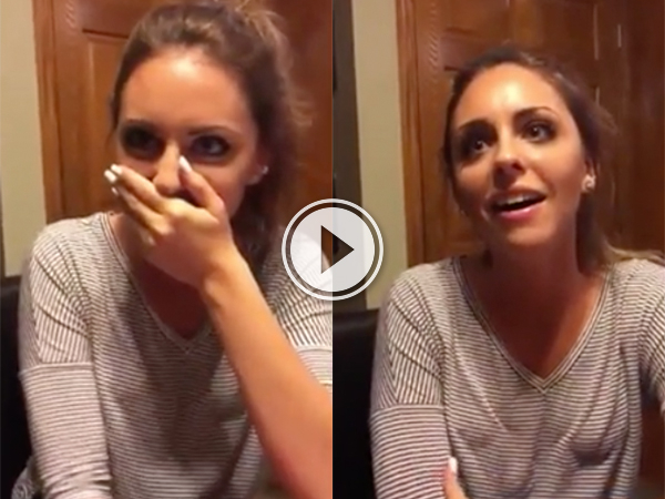 Beautiful girl in striped tee acts surprised!