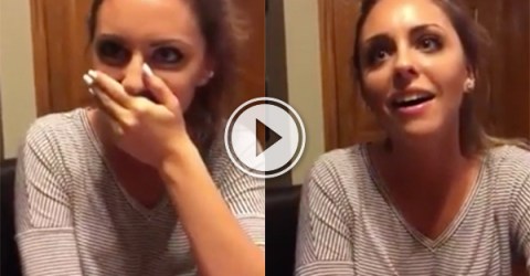 Beautiful girl in striped tee acts surprised!