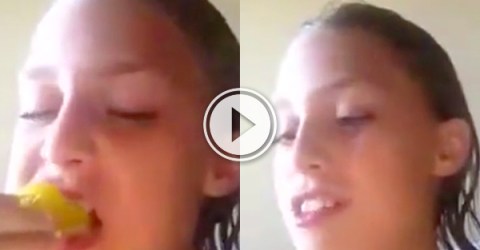 Girl eats a pepper and her eyes get sprayed with its juice.