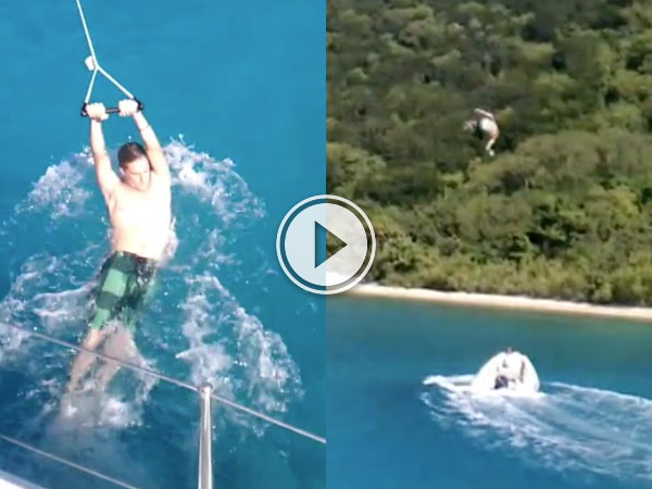 Guy gets launched into air, almost destroys boat with his own body.