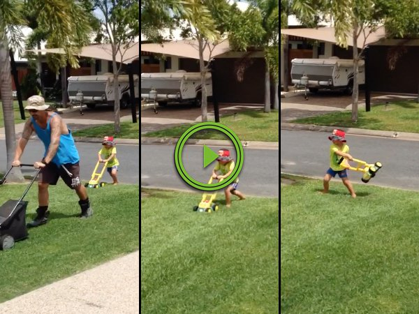 Little boy gets frustrated at his fake lawnmower (Video)