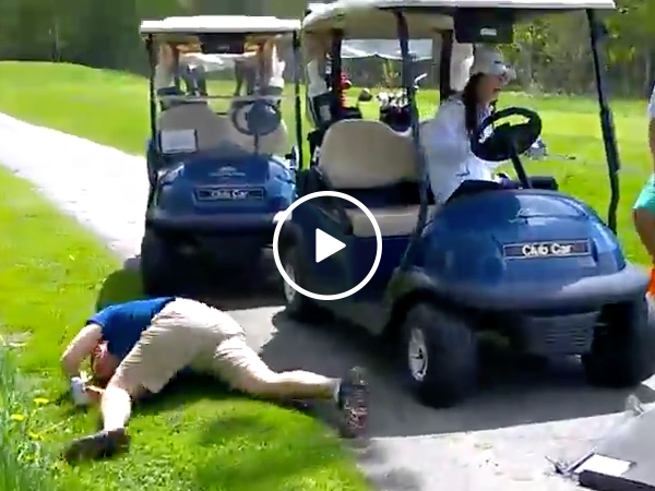Golfer crashes through front window of golf cart (Video)