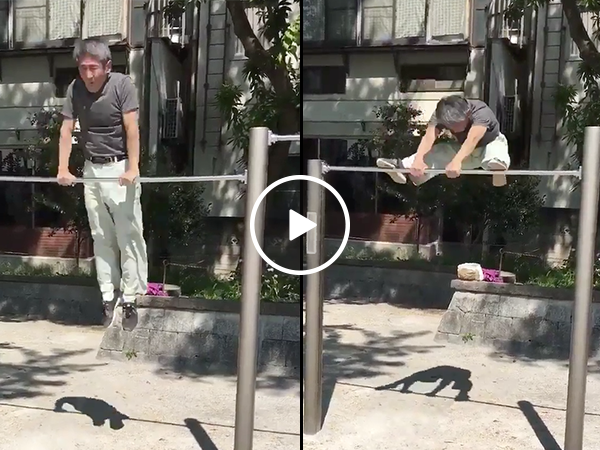 Old Asian man flips on gymnastics bar like a champ (Video)