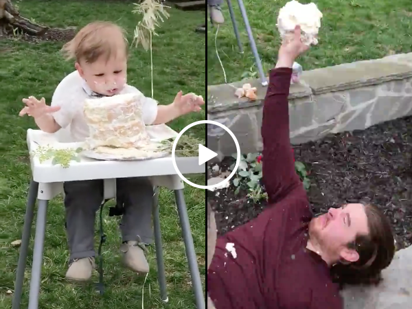 Uncle makes diving finger tip catch on birthday cake (Video)