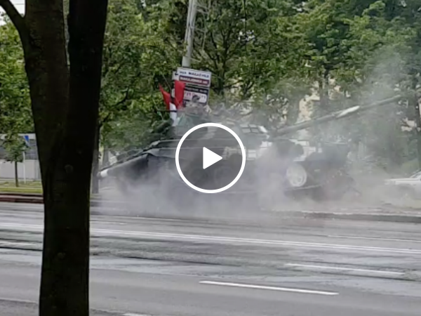 Tank drifts out of control into electrical pole