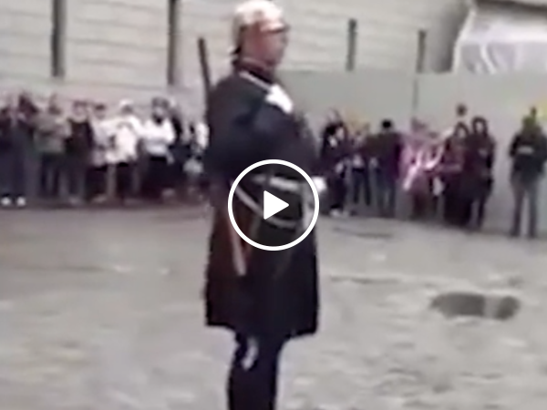 Swedish guard steps on a lego [00:08] (Video)