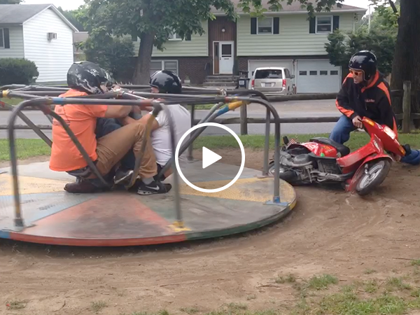 Three idiots spin on merry go round using scooter FAIL (Video)