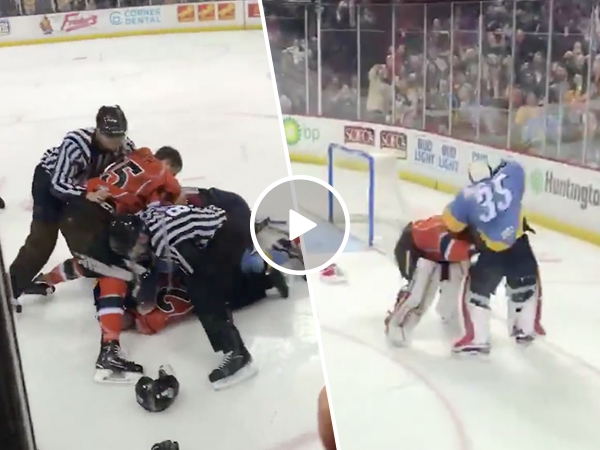 Cheap shot leads to full line brawl in ECHL game (Video)