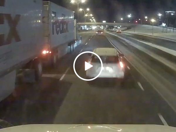 Careless Prius driver rammed by two semi-trucks (Video)