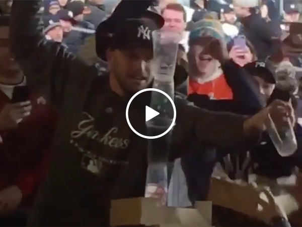 Guy Got Too Drunk At Yankees Game And Gets Cups Stacked On Him