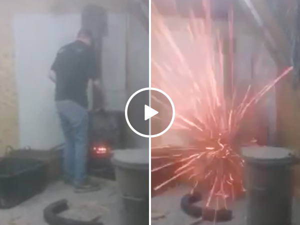 Aerosol can in an indoor wood stove explosion (Video)