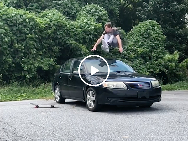 Guy Does Parkour And Jumps Over Car and Onto Skateboard
