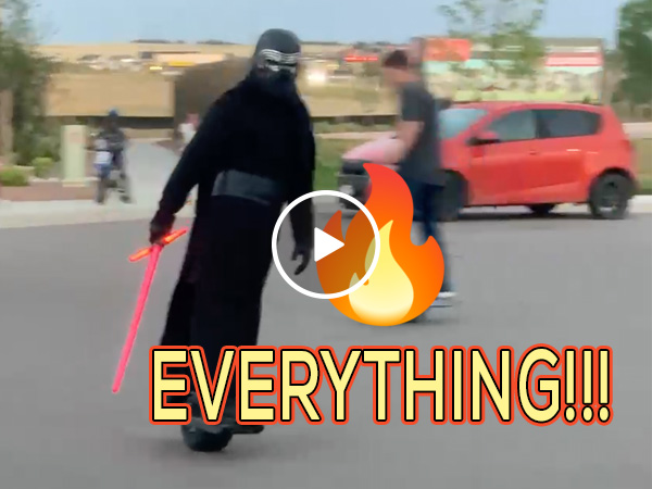Kylo Ren rolls in on a hoverboard when his Death Star breaks down